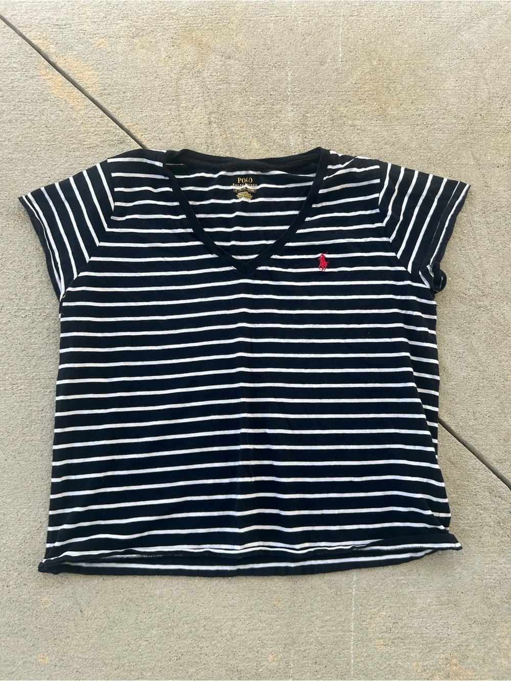 Polo by Ralph Lauren Black & White Striped V-Neck Tee with Red Pony